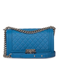 Chanel Medium Boy Bag Blue Calfskin Silver Hardware