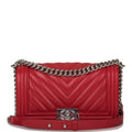 Chanel Red Chevron Caviar Medium Boy Bag Silver Hardware