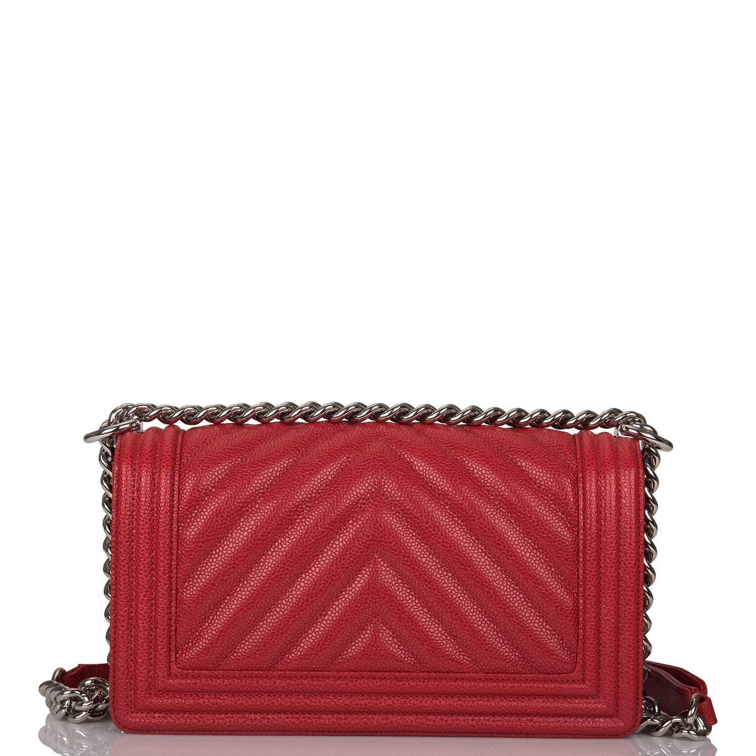 Chanel Red Chevron Caviar Medium Boy Bag Silver Hardware