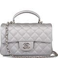 Chanel Silver Metallic Quilted Caviar Rectangular Mini Flap Bag with Top Handle Silver Hardware