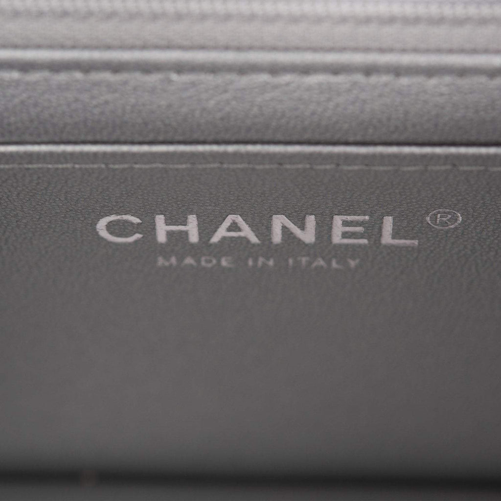 Chanel Silver Metallic Quilted Caviar Rectangular Mini Flap Bag with Top Handle Silver Hardware