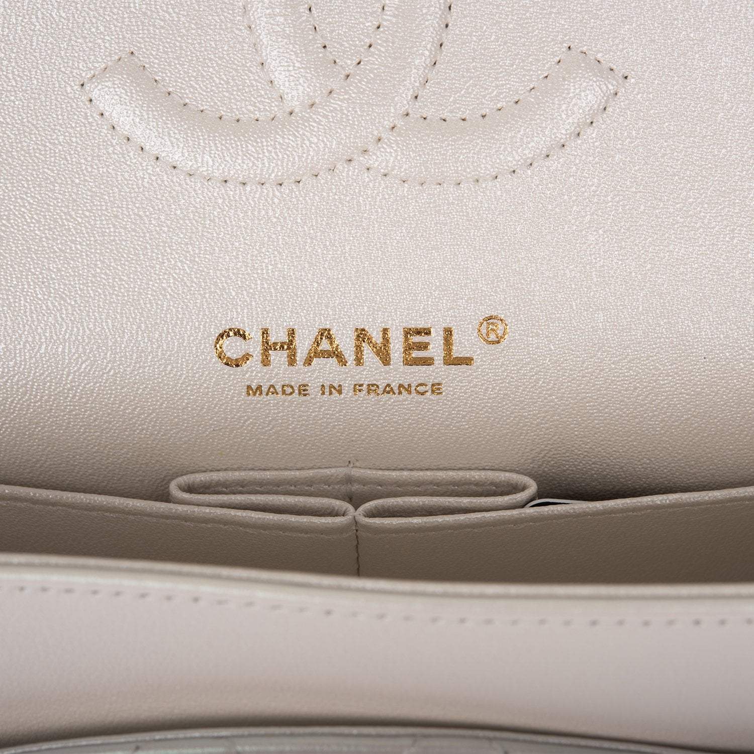 Chanel White Iridescent Quilted Lambskin Medium Classic Double Flap Bag Light Gold Hardware