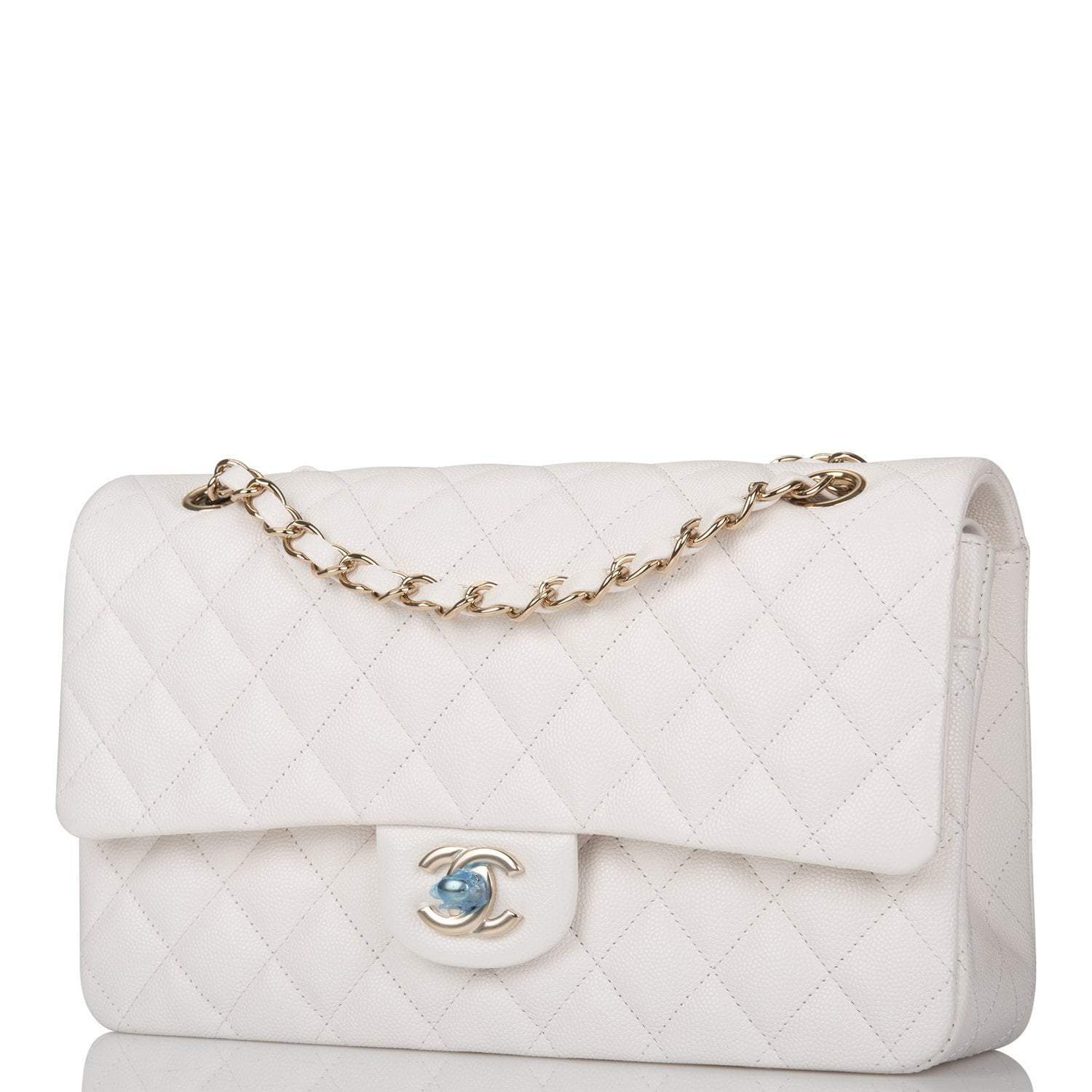 Chanel White Quilted Caviar Medium Classic Double Flap Bag Gold Hardware
