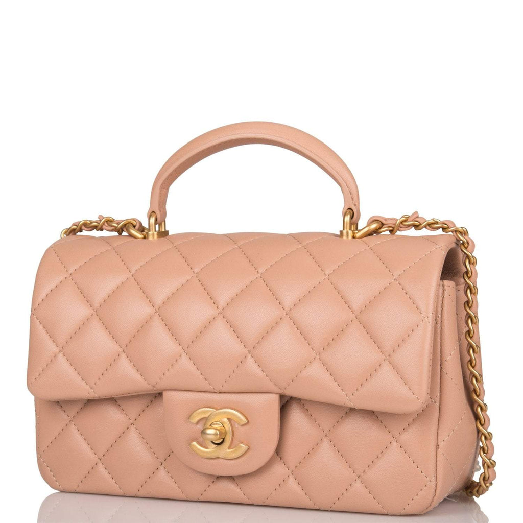 Chanel Mini Rectangular Flap with Top Handle Beige Lambskin Antique Gold Hardware
