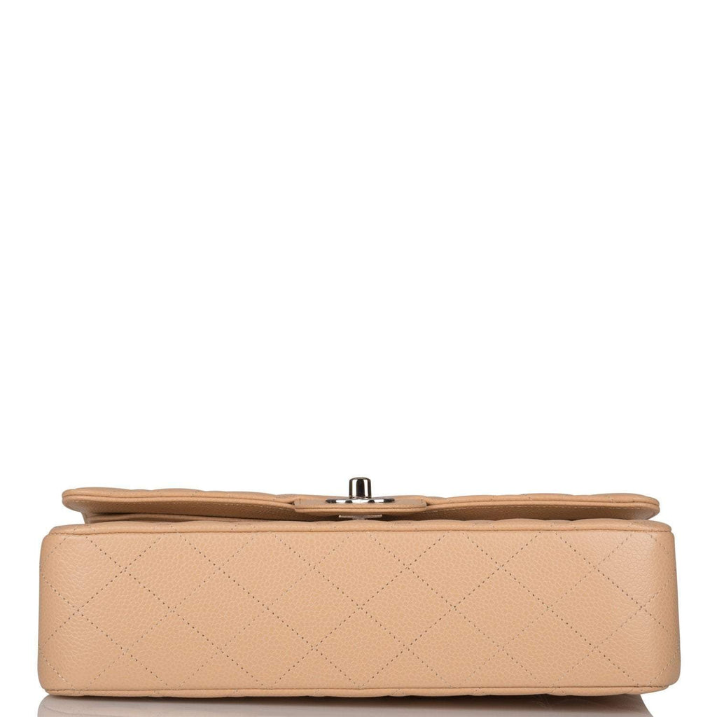 Chanel Medium Classic Double Flap Bag Beige Quilted Caviar Silver Hardware