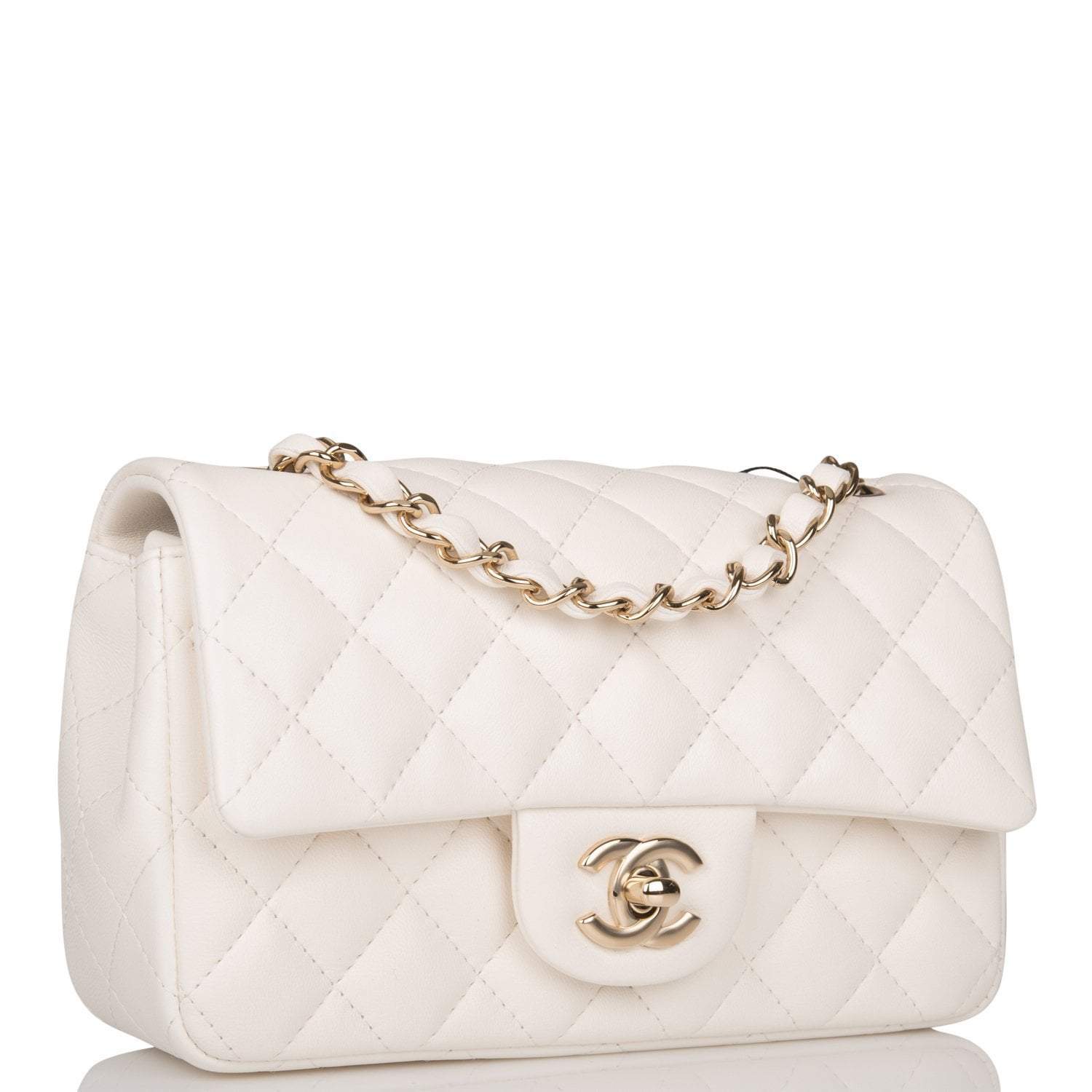 Chanel White Quilted Lambskin Rectangular Mini Classic Flap Bag Light Gold Hardware