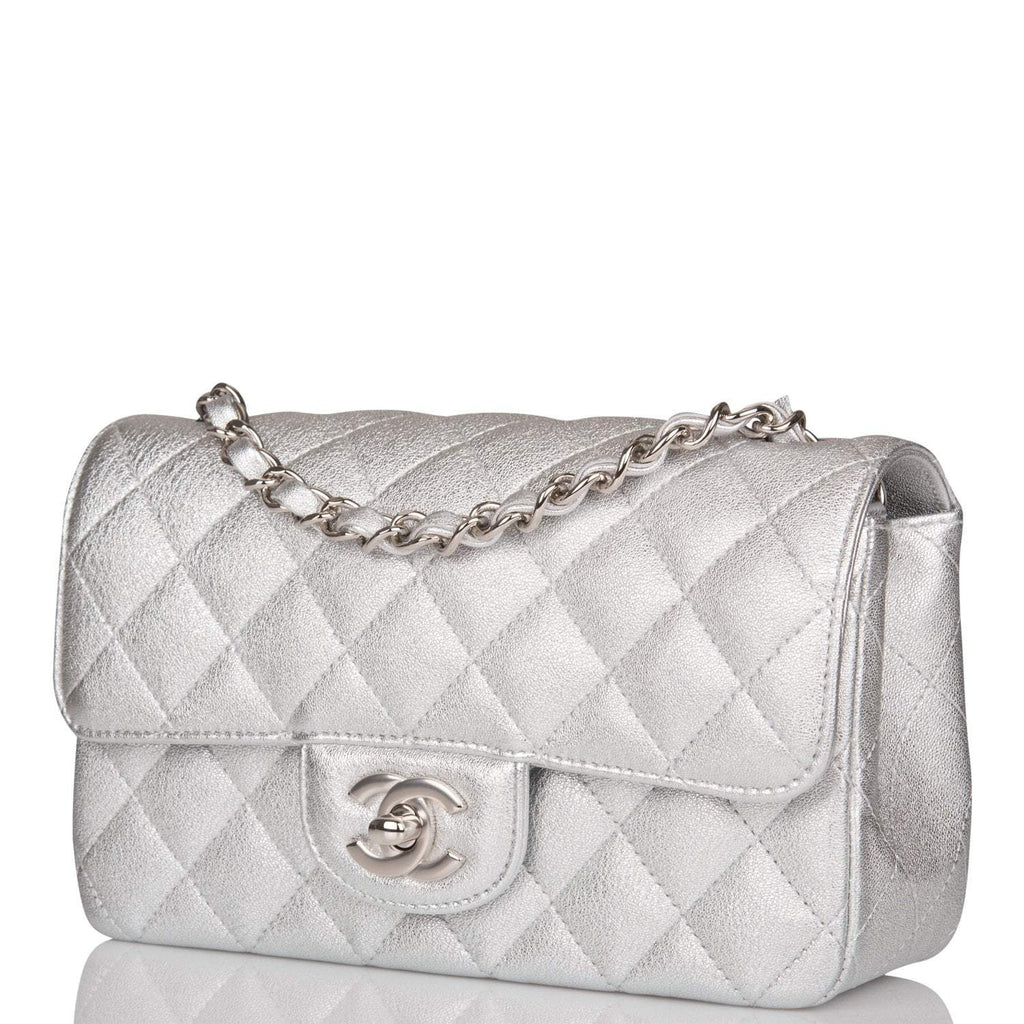 Chanel Mini Rectangular Flap Bag Silver Metallic Lambskin Silver Hardware