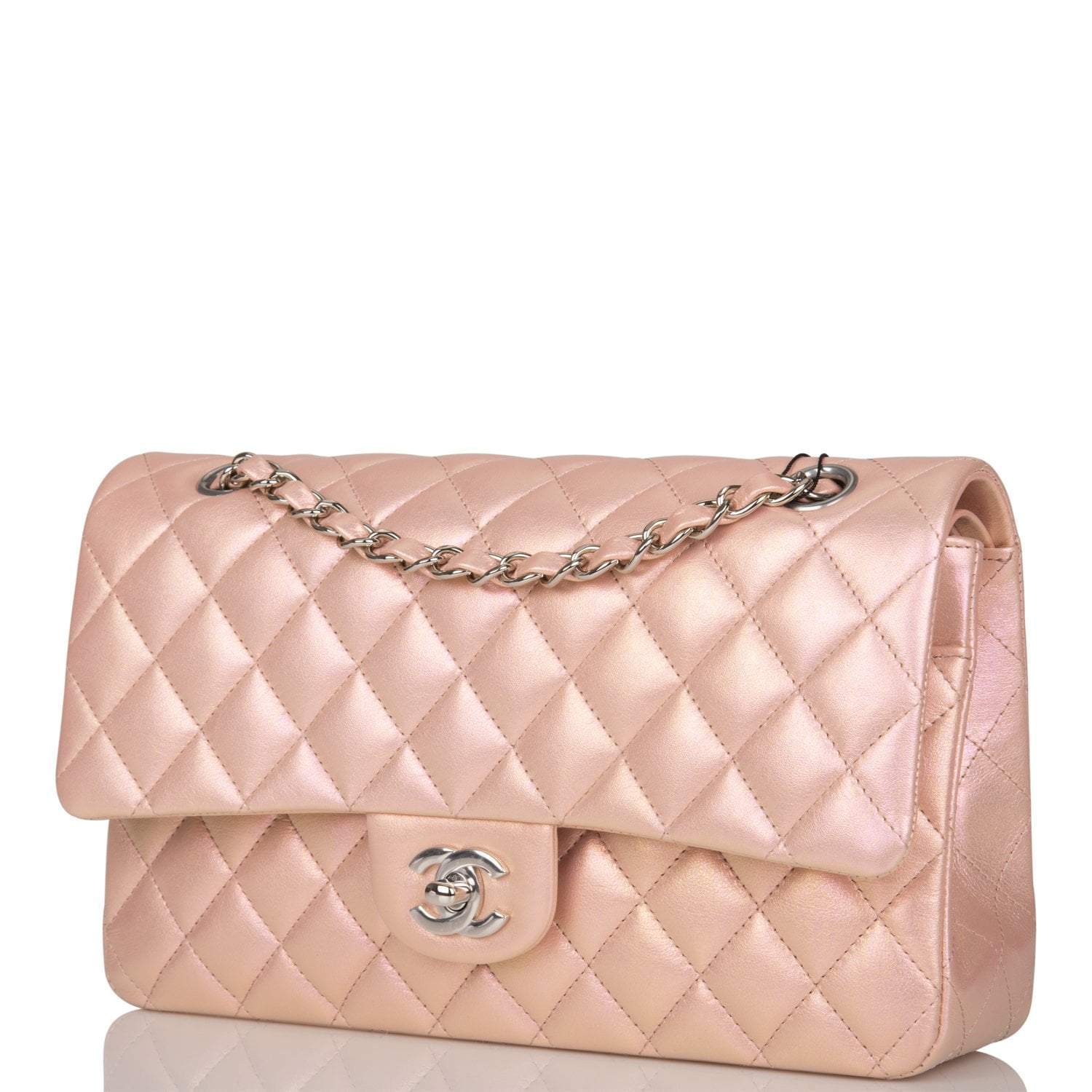 Chanel  Medium Classic Double Flap Bag Pink Iridescent Lambskin Silver Hardware