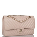 Chanel Shiny Beige Chevron Caviar Medium Classic Double Flap Bag Light Gold Hardware
