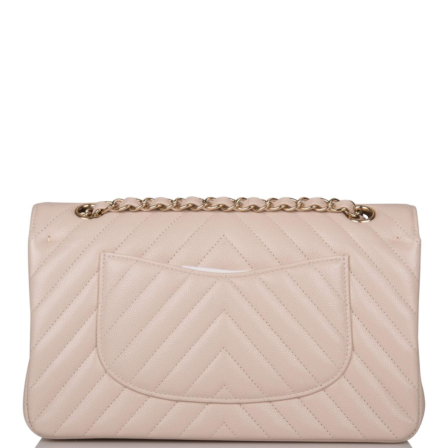 Chanel Shiny Beige Chevron Caviar Medium Classic Double Flap Bag Light Gold Hardware