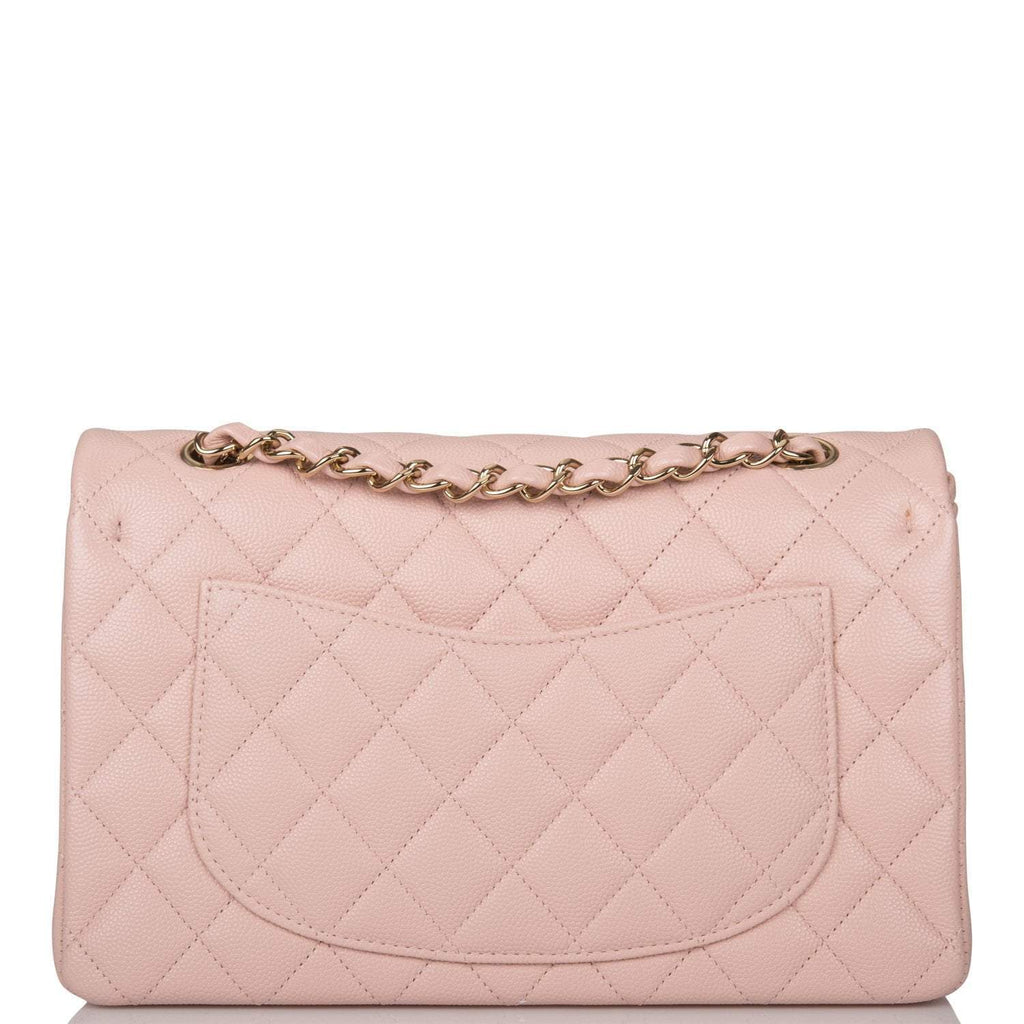 Chanel Rose Clair Quilted Caviar Small Classic Double Flap Bag Light Gold Hardware
