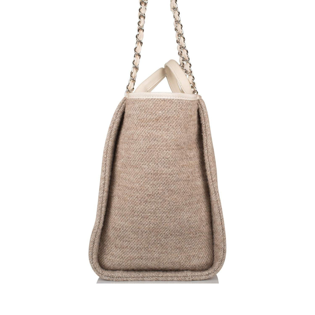 Chanel Beige Wool Large Deauville Shopping Bag Silver Hardware
