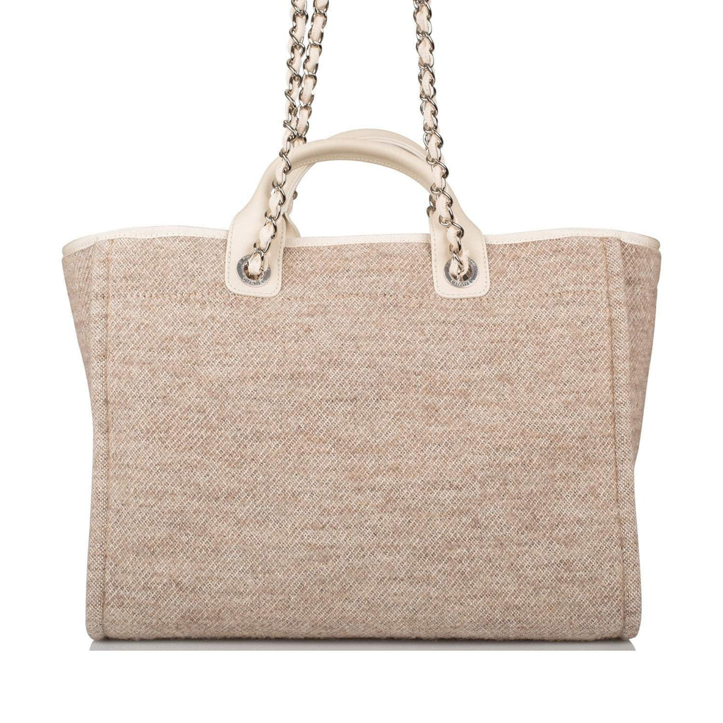 Chanel Beige Wool Large Deauville Shopping Bag Silver Hardware