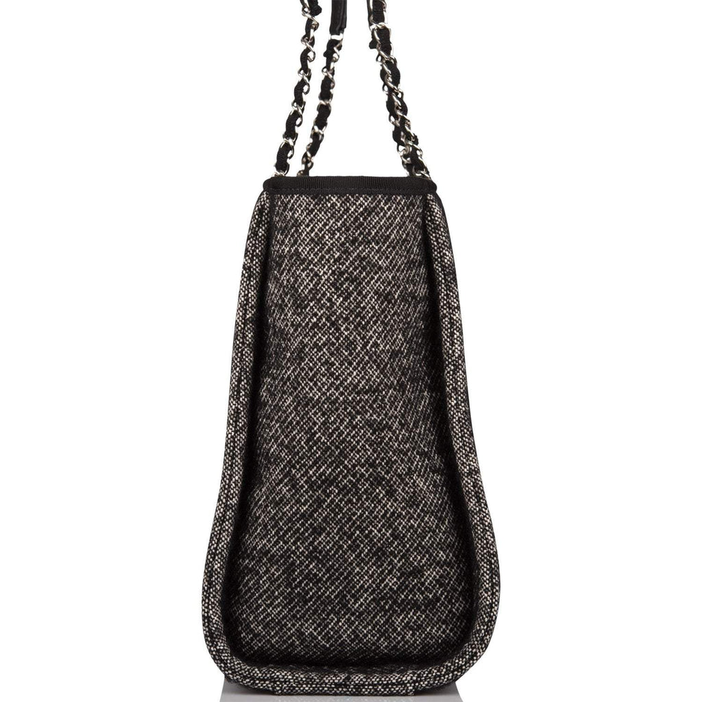 Chanel Small Deauville Shopping Bag Black Wool Silver Hardware