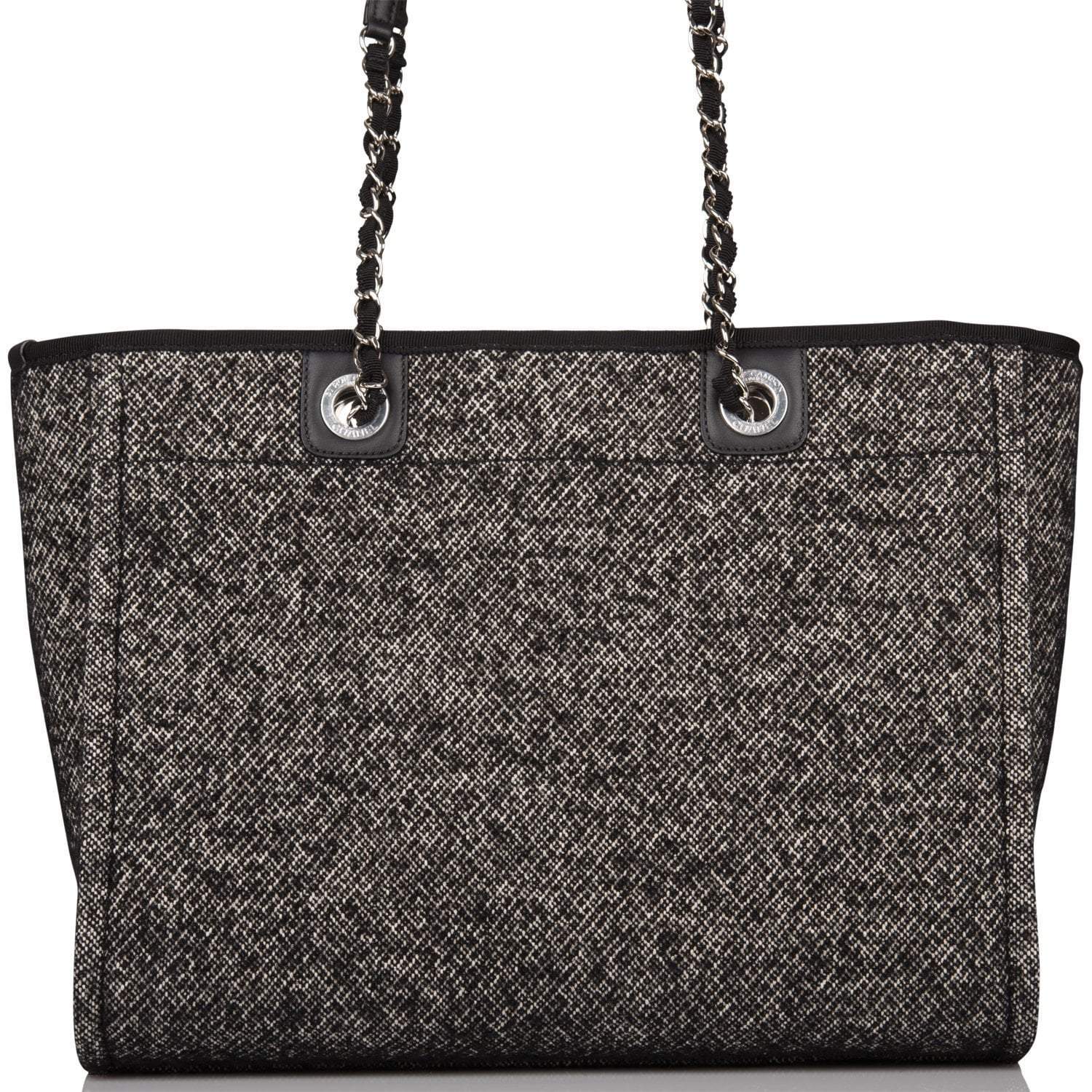 Chanel Small Deauville Shopping Bag Black Wool Silver Hardware
