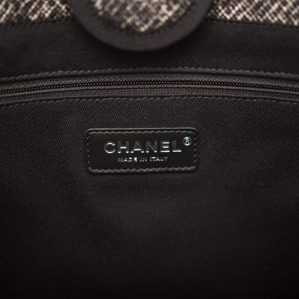 Chanel Small Deauville Shopping Bag Black Wool Silver Hardware