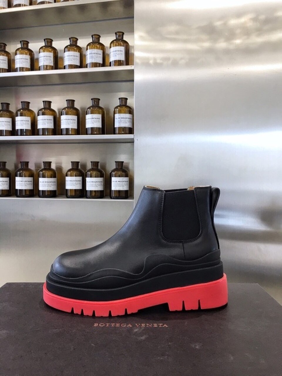 Bottega Veneta Flat Triple-Sole Leather Booties Calfskin Leather Fall/Winter 2020 Collection, Black/Red
