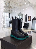 Bottega Veneta Flat Triple-Sole Leather Boots Calfskin Leather Fall/Winter 2020 Collection, Black/Green
