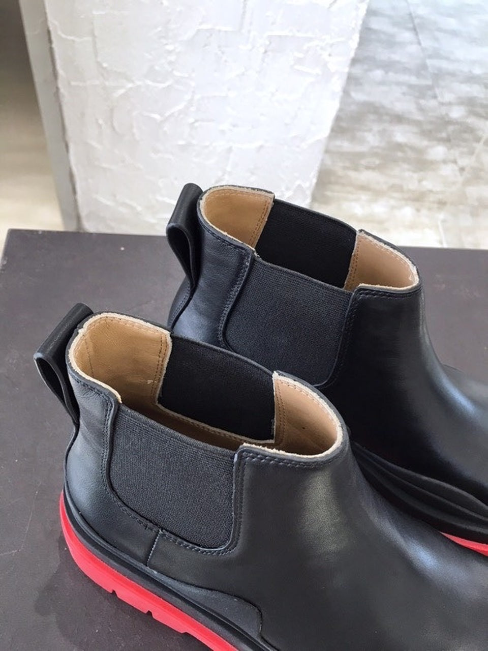 Bottega Veneta Flat Triple-Sole Leather Booties Calfskin Leather Fall/Winter 2020 Collection, Black/Red