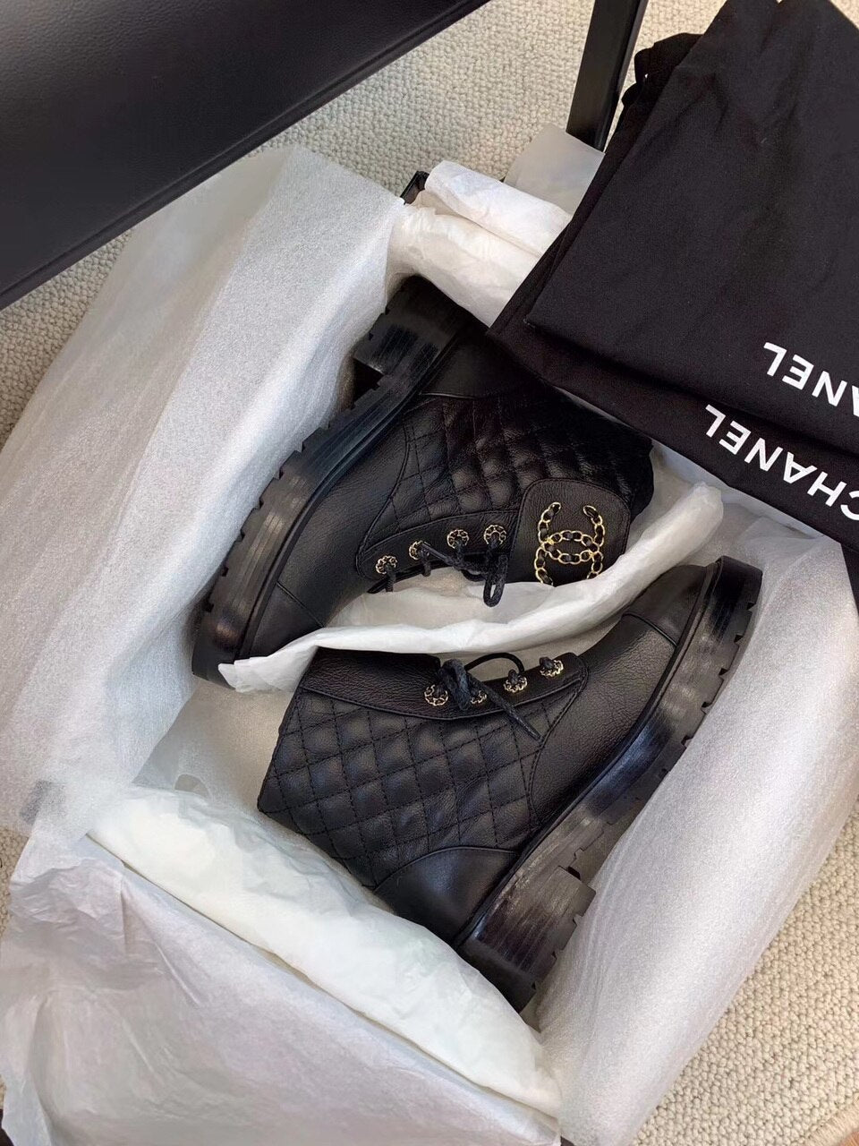 Chanel Quilted CC Lace Up Boots Lambskin Leather Spring/Summer Collection, Black
