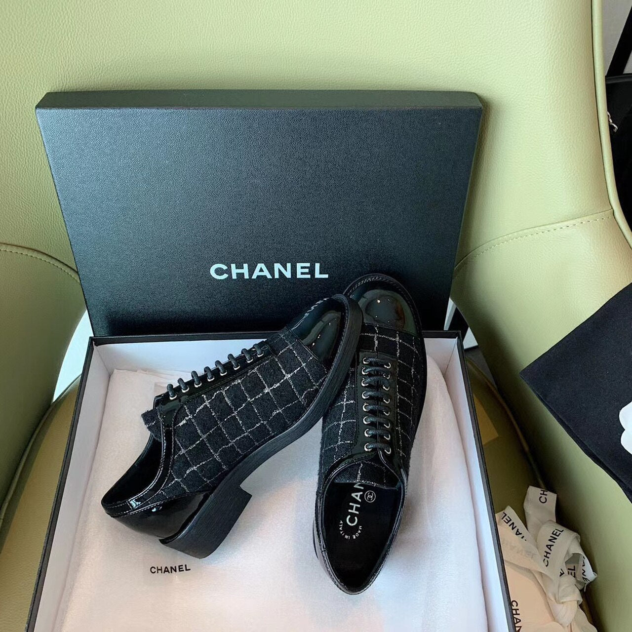 Chanel Tweed Lace Up Shoes Calfskin Leather Spring/Summer Collection Black
