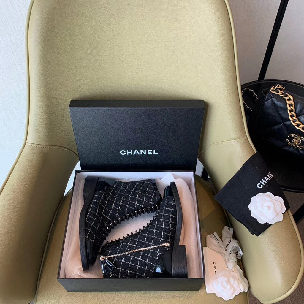 Chanel Tweed Lace Up Combat Boots Calfskin Leather Spring/Summer Collection, Black