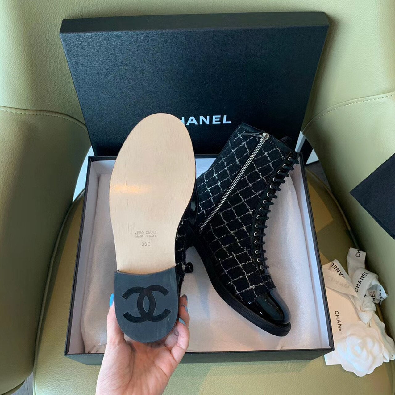 Chanel Tweed Lace Up Combat Boots Calfskin Leather Spring/Summer Collection, Black