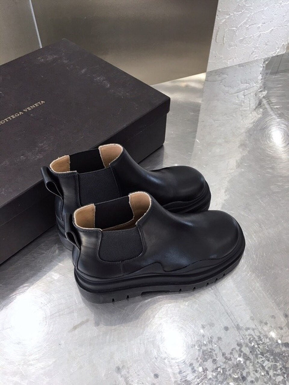 Bottega Veneta Flat Triple-Sole Leather Booties Calfskin Leather Fall/Winter 2020 Collection, Black