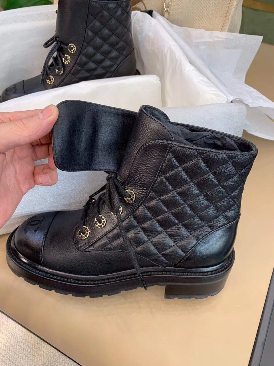 Chanel Quilted CC Lace Up Boots Lambskin Leather Spring/Summer Collection, Black