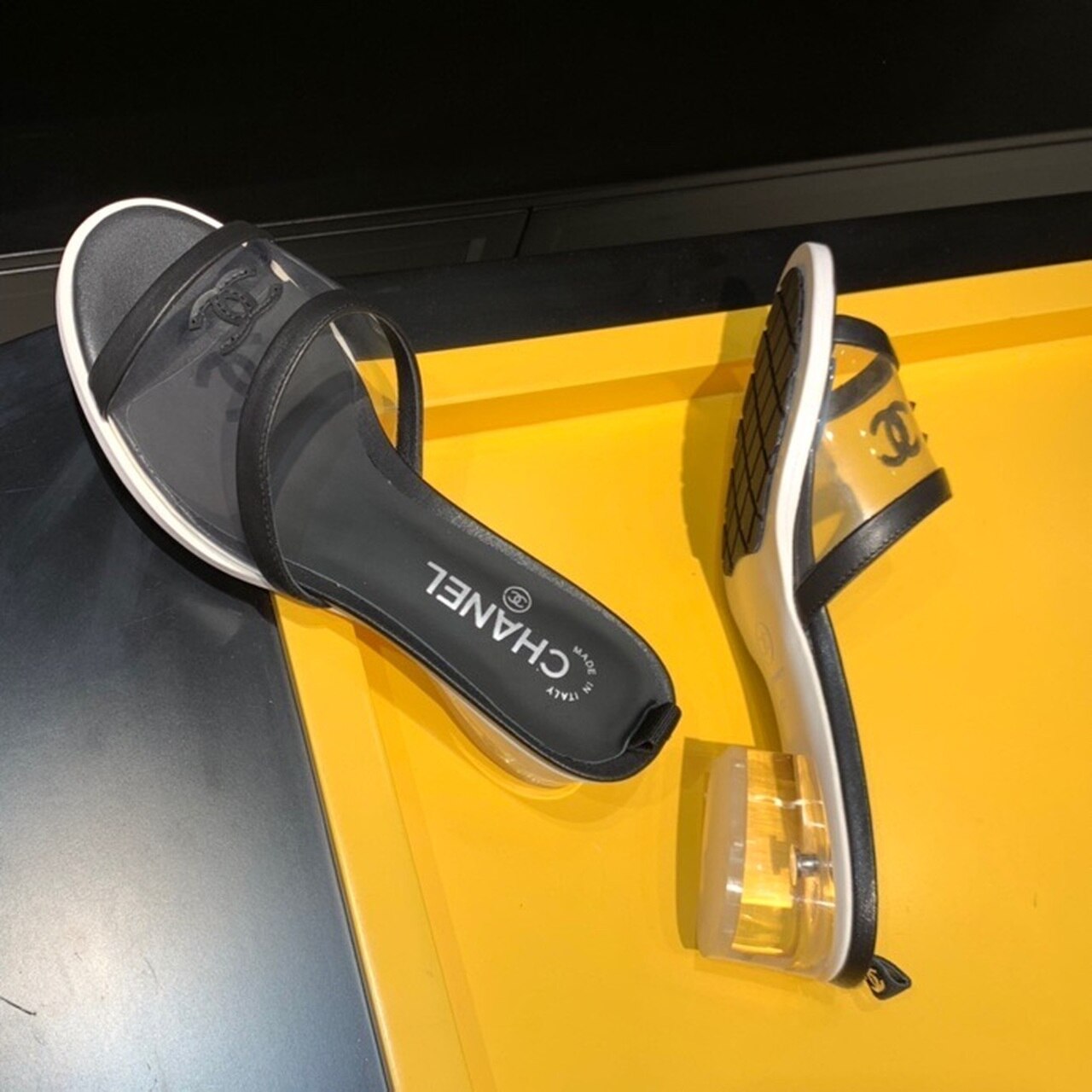 Chanel Logo Transparent PVC Mules Lambskin Leather Spring/Summer Collection Black