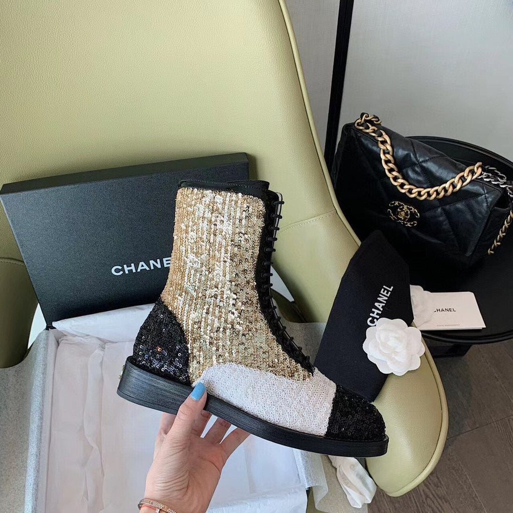 Chanel Sequin/Tweed Lace Up Combat Boots Calfskin Leather Spring/Summer Collection White/Black/Gold