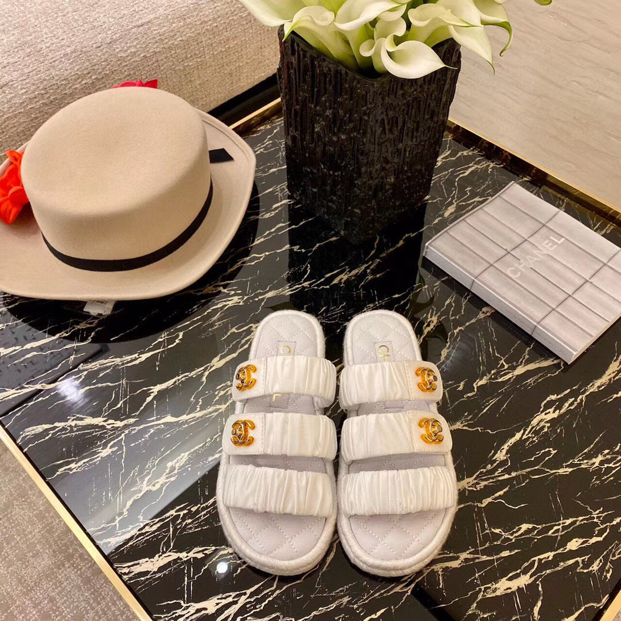 Chanel Ruched Mule Sandals Calfskin Leather Spring/Summer Collection White