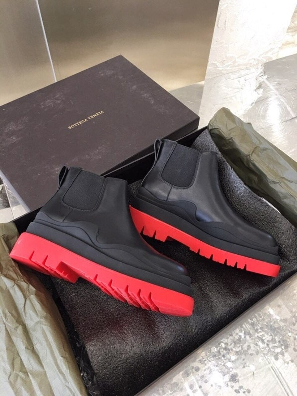Bottega Veneta Flat Triple-Sole Leather Booties Calfskin Leather Fall/Winter 2020 Collection, Black/Red