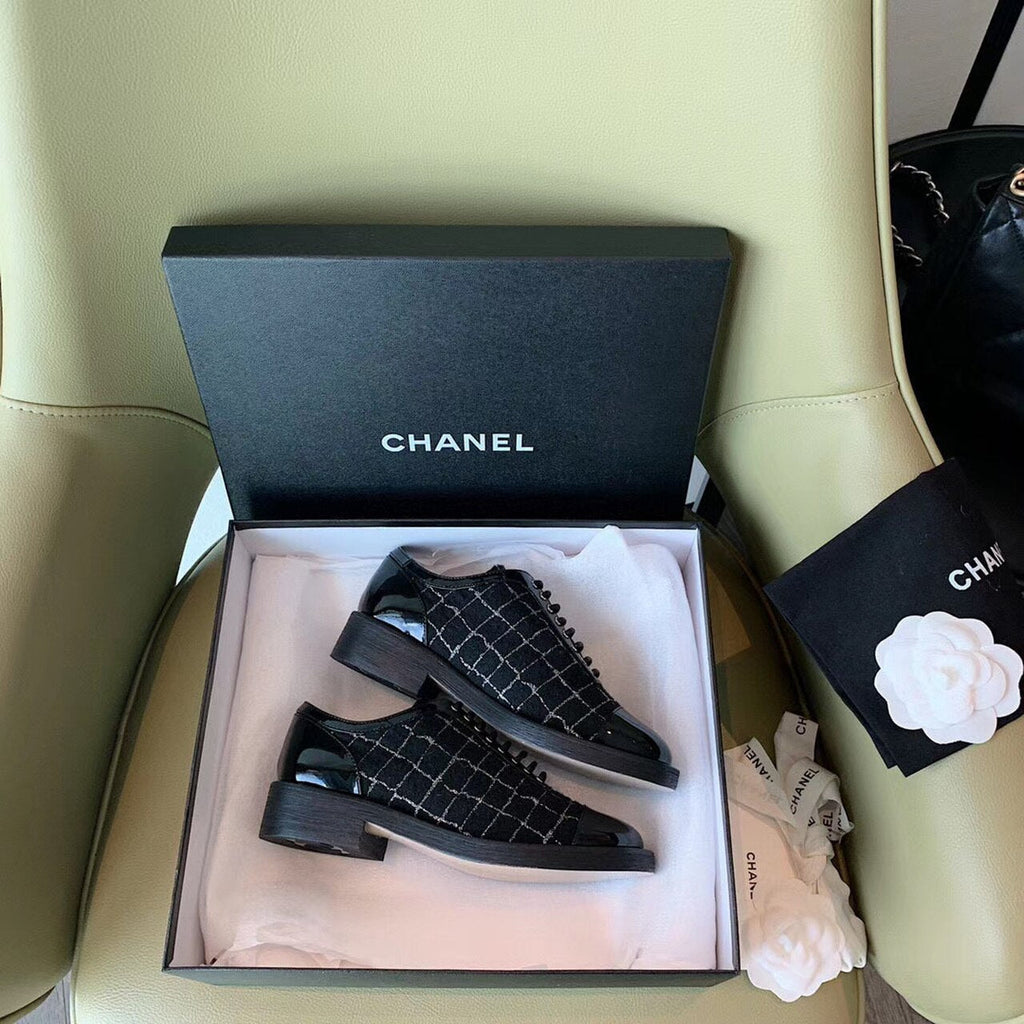 Chanel Tweed Lace Up Shoes Calfskin Leather Spring/Summer Collection Black