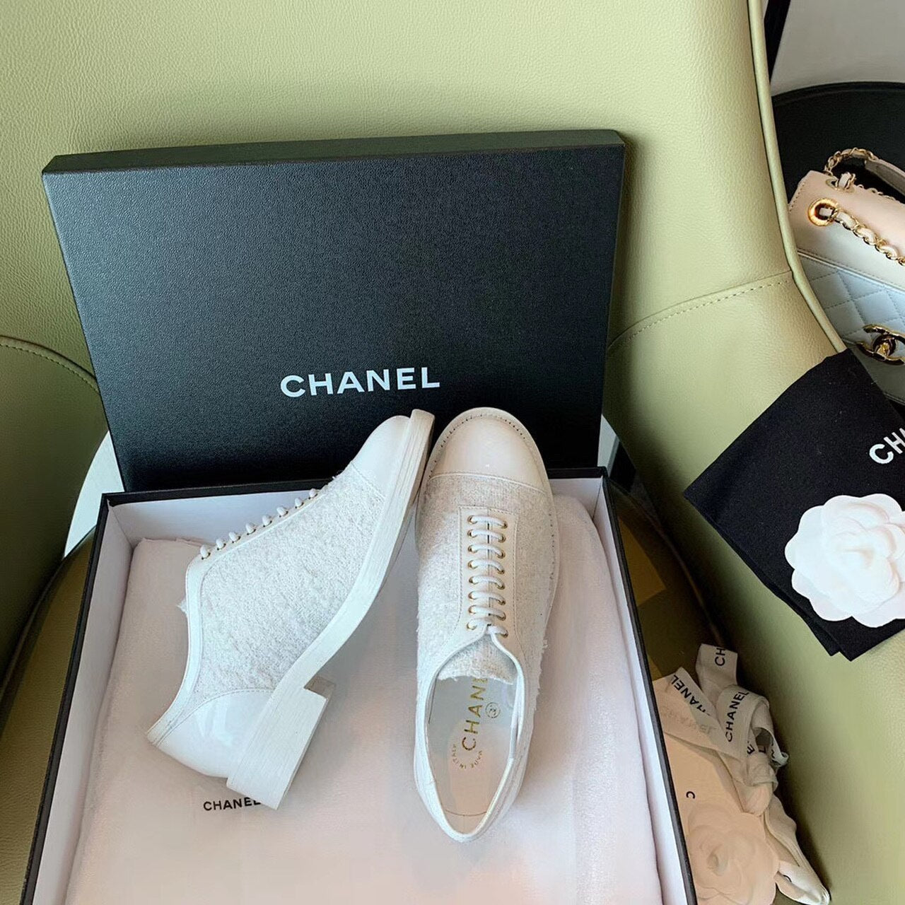 Chanel Tweed Lace Up Shoes Calfskin Leather Spring/Summer Collection White
