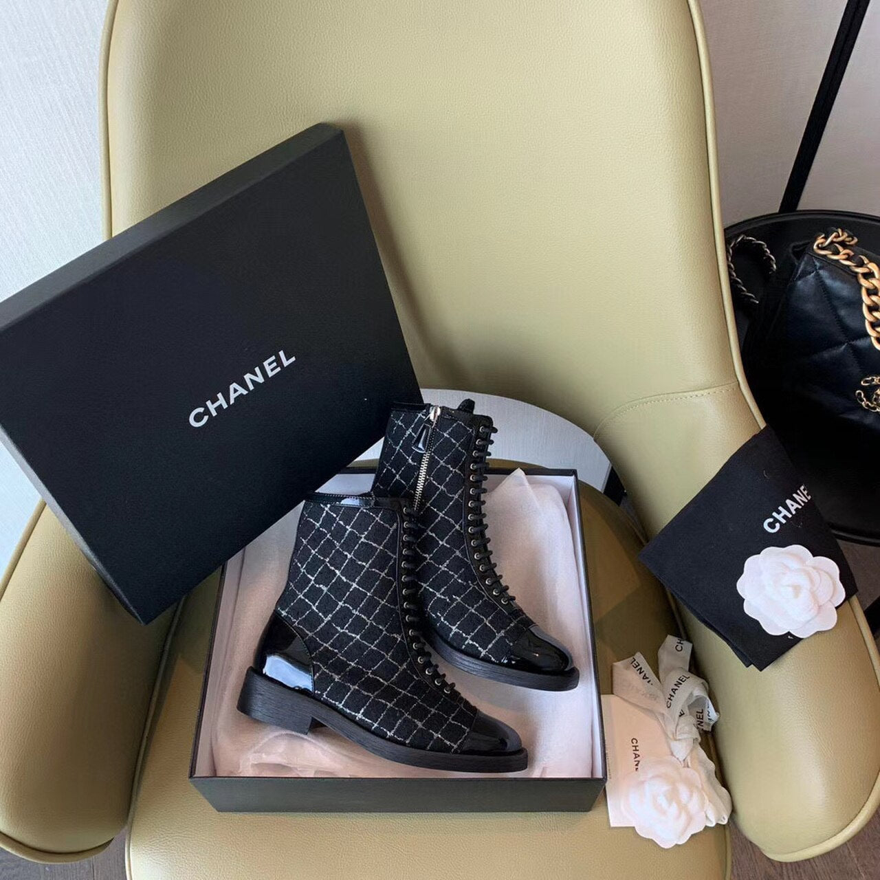 Chanel Tweed Lace Up Combat Boots Calfskin Leather Spring/Summer Collection, Black