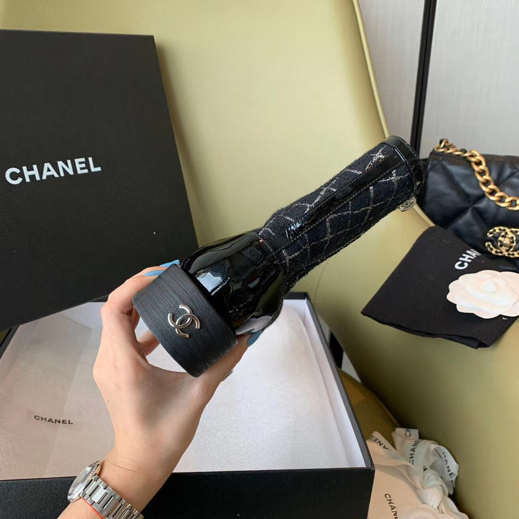 Chanel Tweed Lace Up Combat Boots Calfskin Leather Spring/Summer Collection, Black