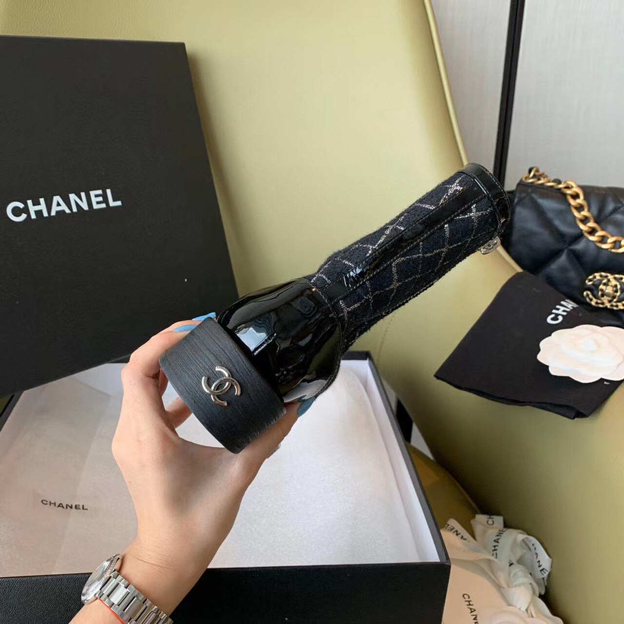 Chanel Tweed Lace Up Combat Boots Calfskin Leather Spring/Summer Collection, Black