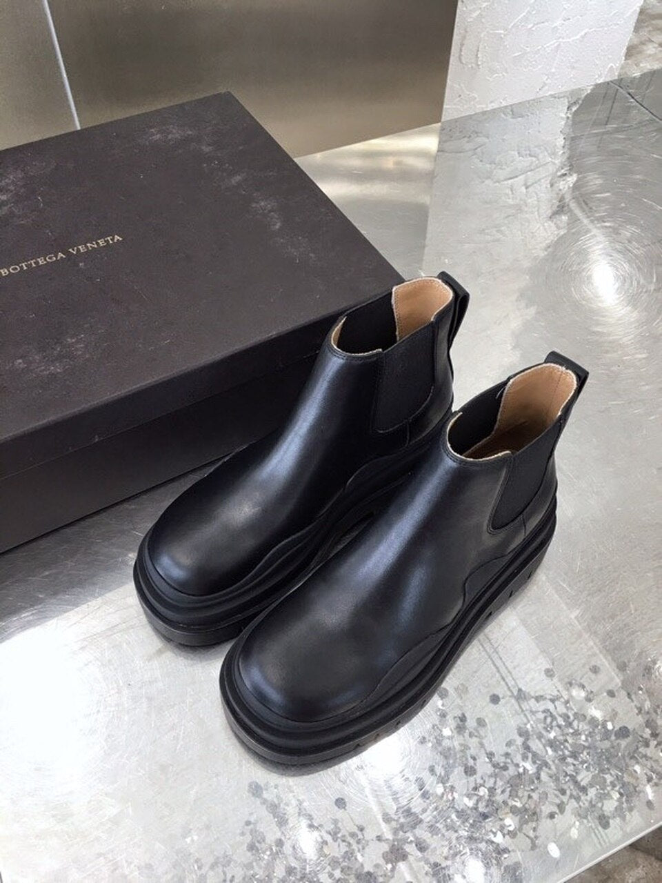 Bottega Veneta Flat Triple-Sole Leather Booties Calfskin Leather Fall/Winter 2020 Collection, Black
