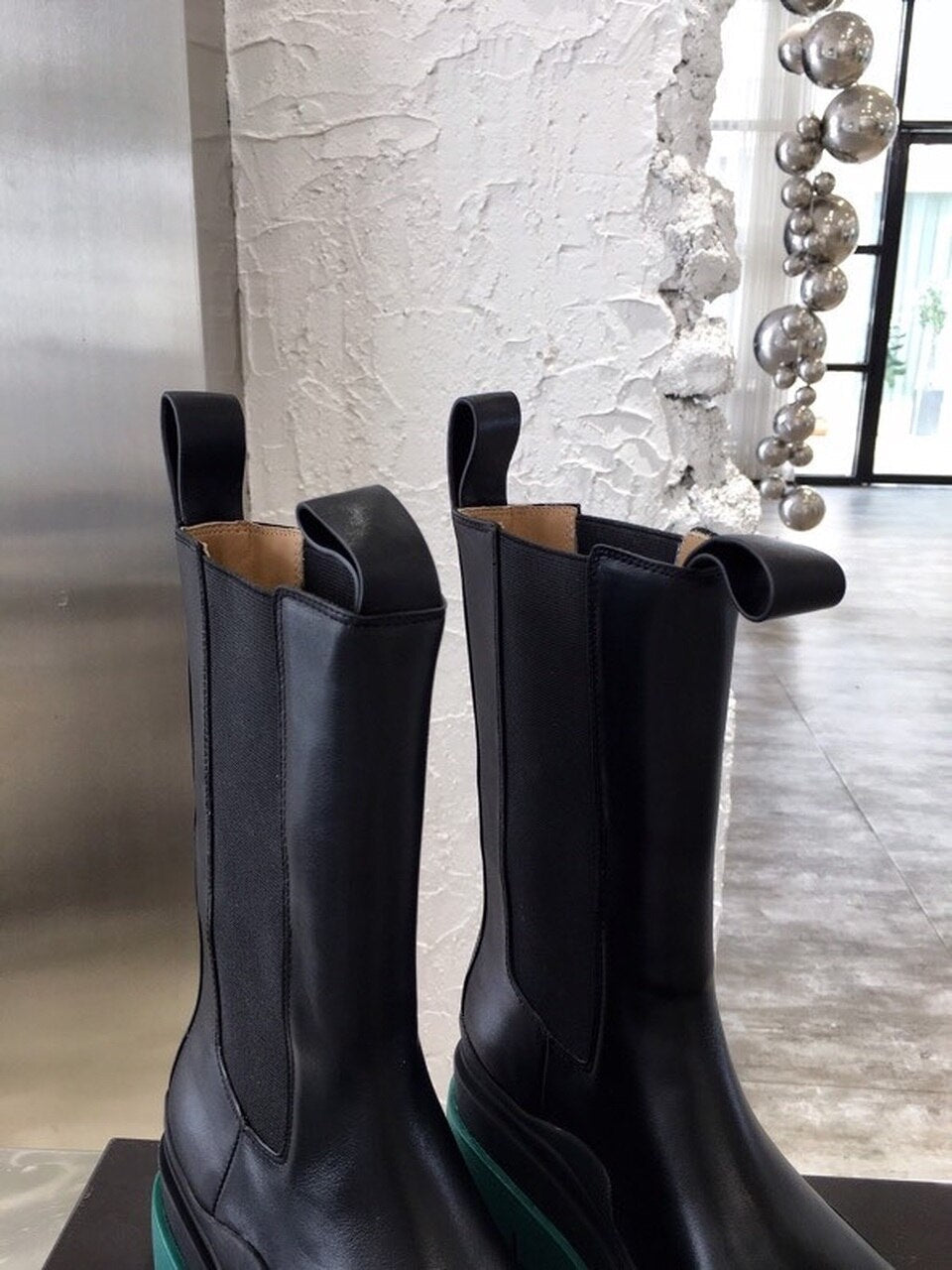 Bottega Veneta Flat Triple-Sole Leather Boots Calfskin Leather Fall/Winter 2020 Collection, Black/Green