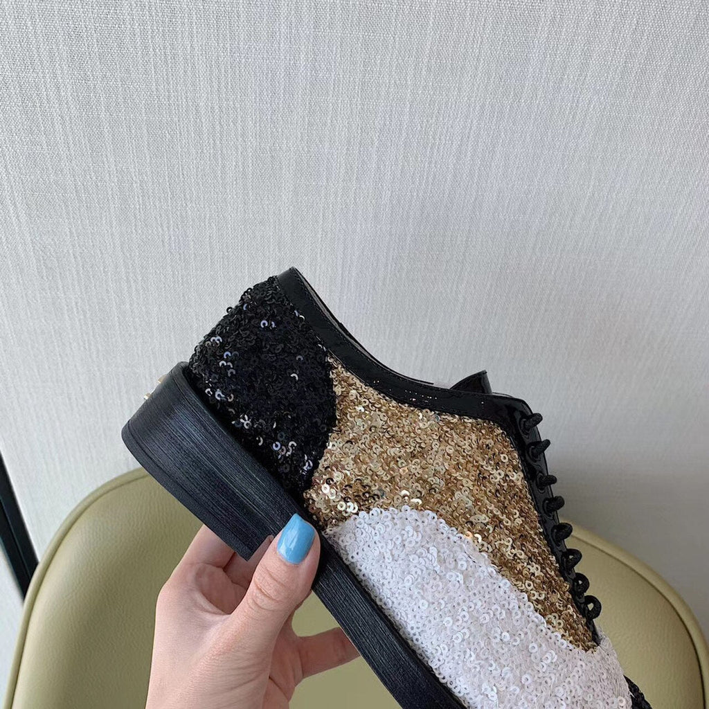 Chanel Sequin/Tweed Lace Up Shoes Calfskin Leather Spring/Summer Collection White/Black/Gold