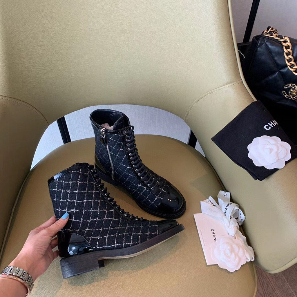 Chanel Tweed Lace Up Combat Boots Calfskin Leather Spring/Summer Collection, Black