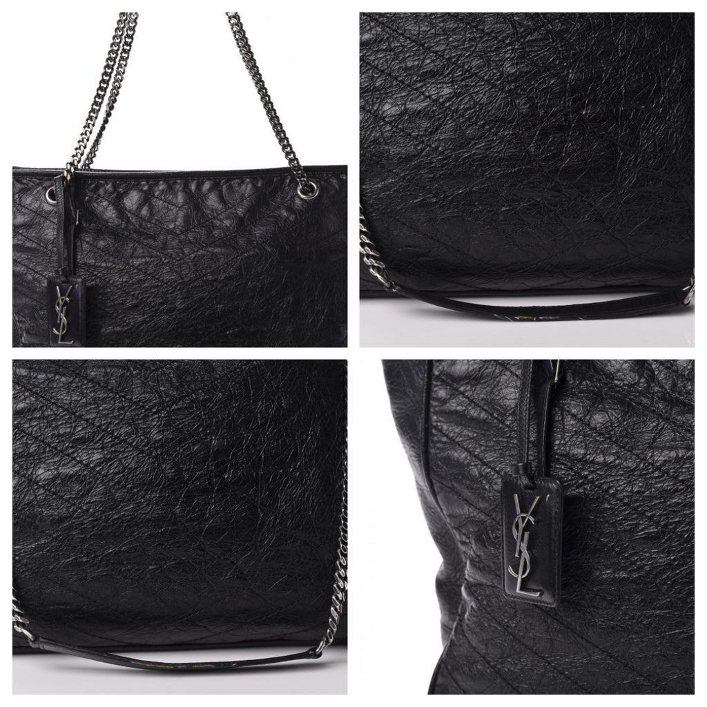 Saint Laurent Niki Crinkled Matelasse Monogram Large Shopping Black Calfskin Leather Tote