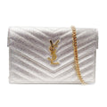 Saint Laurent Monogram Envelope Chain Wallet Metallic Silver Calfskin Leather Shoulder Bag