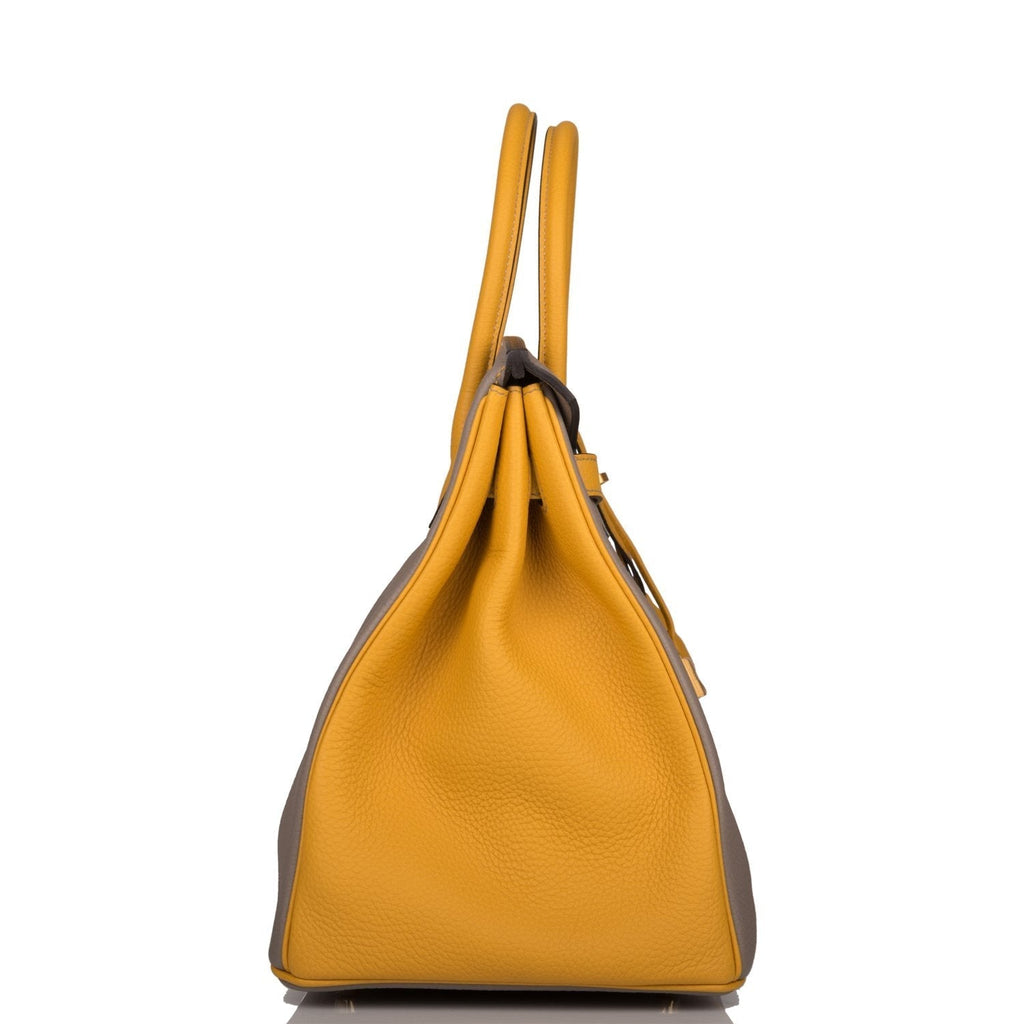 Hermes Birkin 35 Etoupe and Jaune Ambre Togo Brushed Gold Hardware