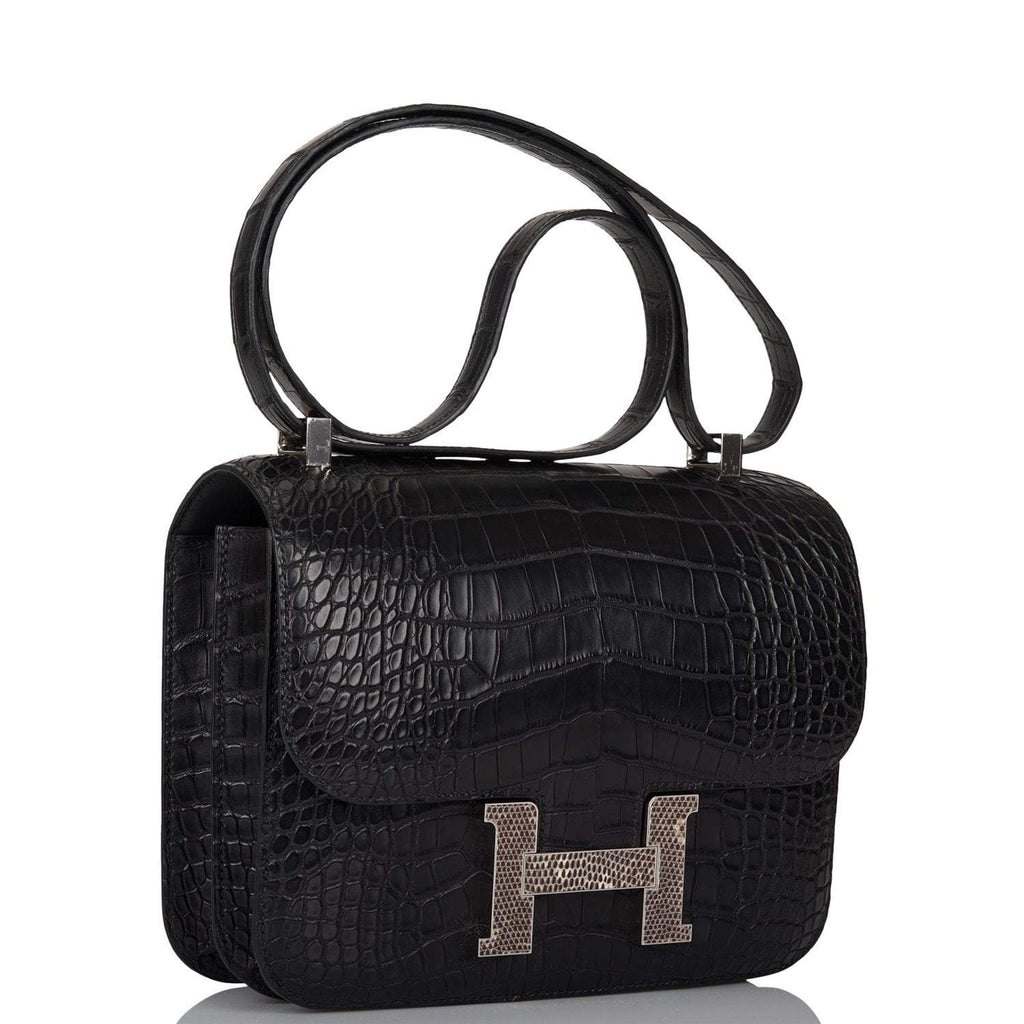 Hermes Black Matte Alligator and Ombre Lizard Marquette Constance 24cm Palladium Hardware