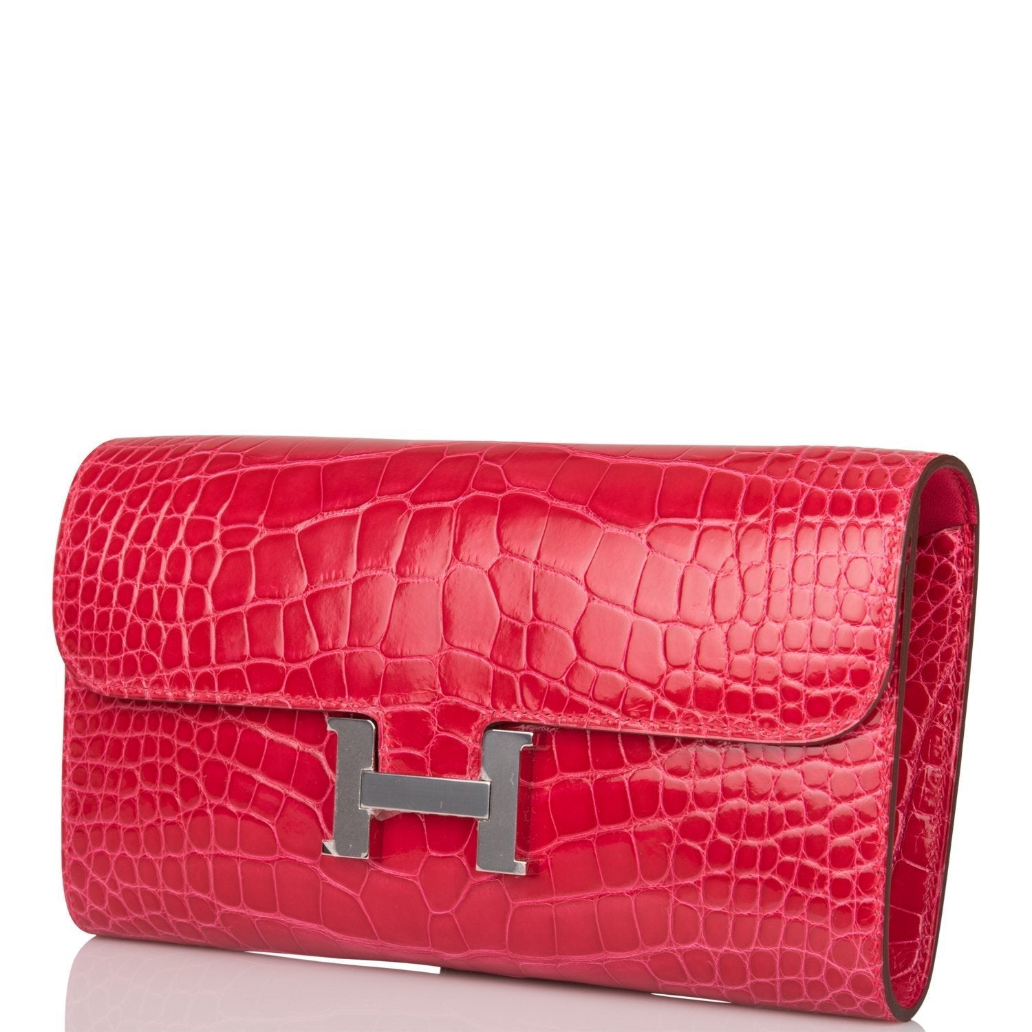 Hermes Rose Extreme Shiny Alligator Constance Wallet To Go Palladium Hardware