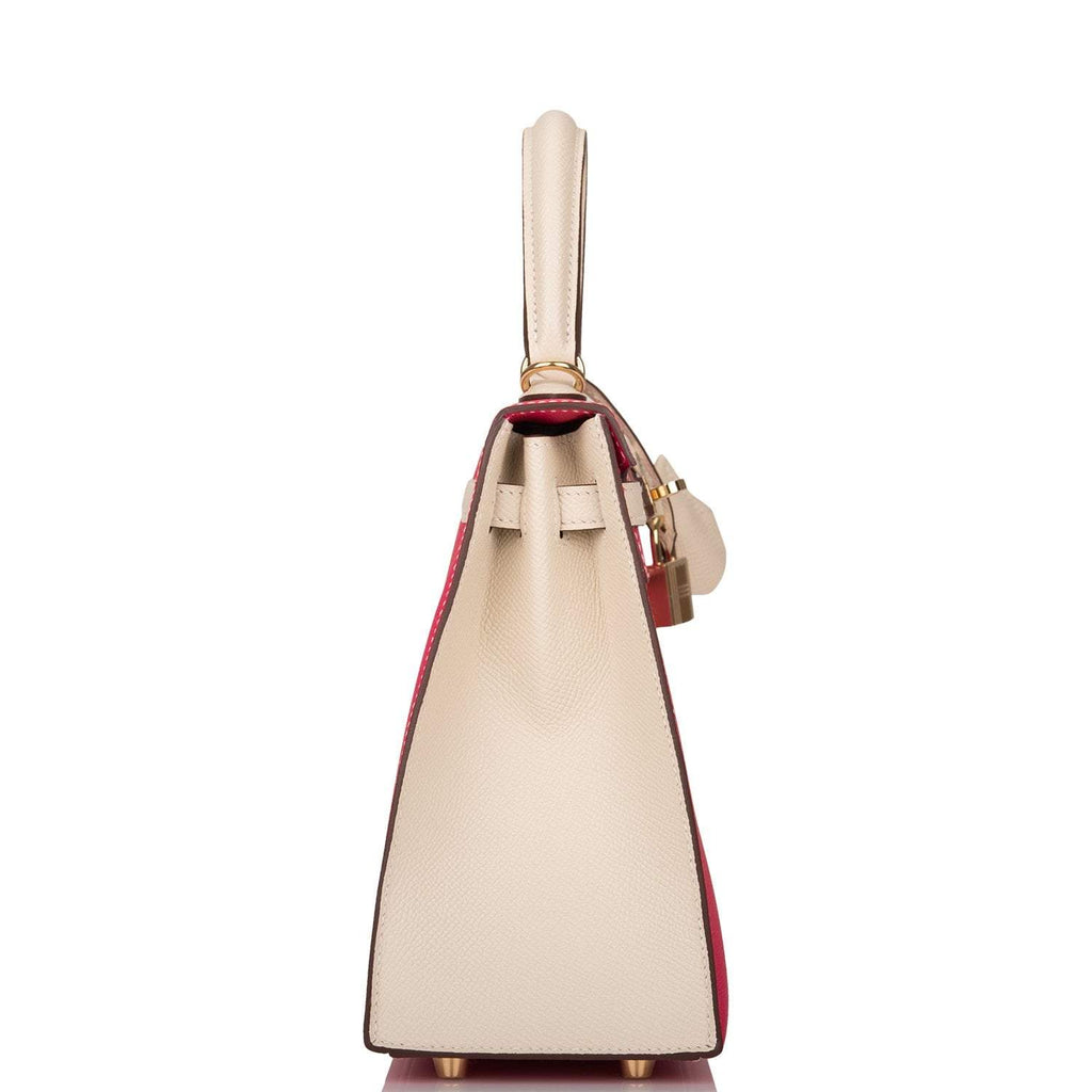 Hermes Kelly 25cm  Bi-Color Rose Extreme and Craie Epsom Sellier Permabrass Hardware