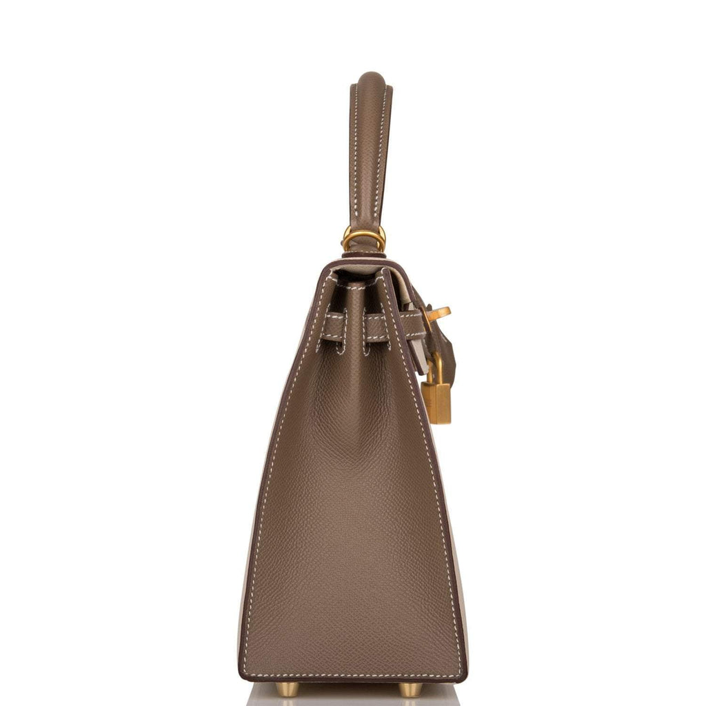 Hermes Kelly 25cm Bi-Color Craie and Etoupe Epsom Sellier  Brushed Gold Hardware