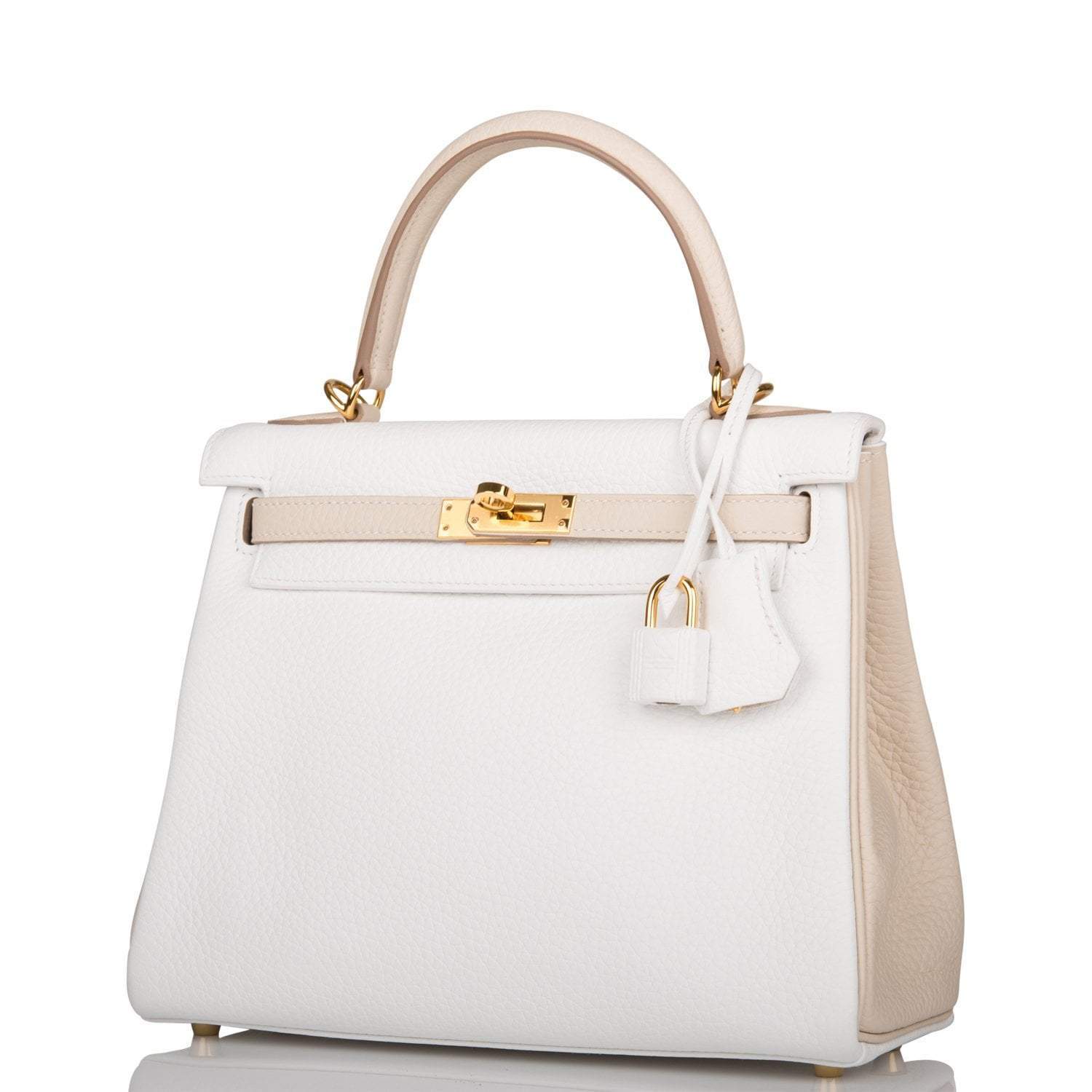 Hermes Horseshoe Stamp (HSS) Bi-Color White and Trench Clemence Retourne Kelly 25cm Gold Hardware